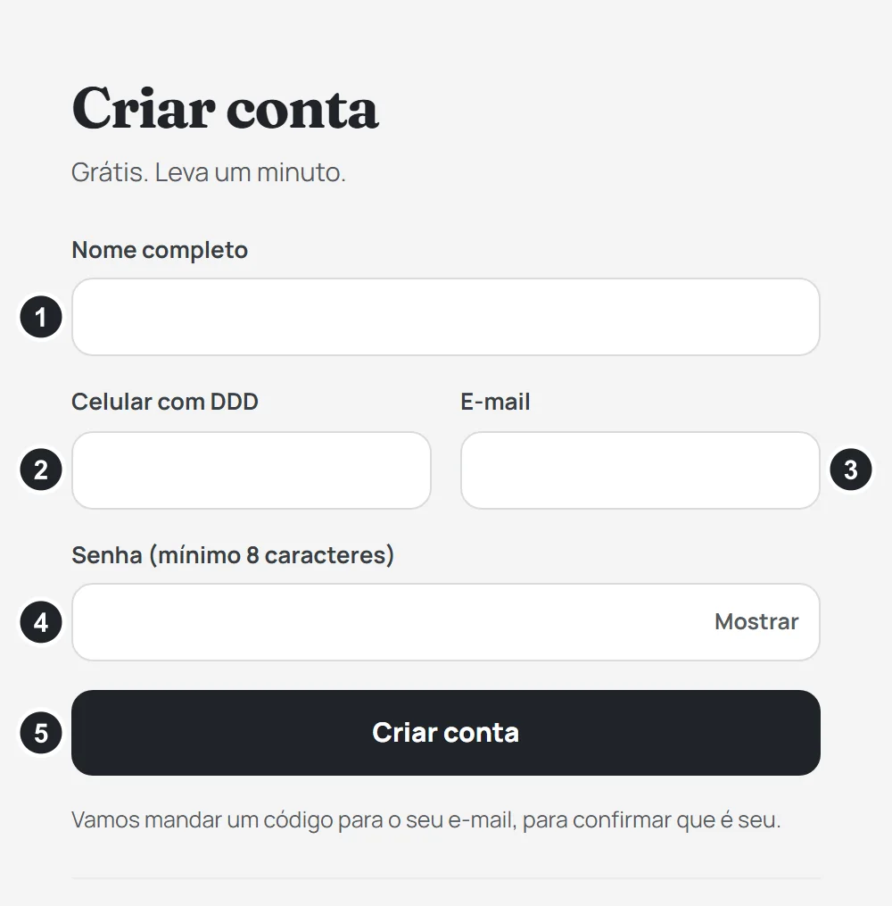 A tela Criar conta, com os campos Nome completo, Celular com DDD, E-mail e Senha, e o botão Criar conta