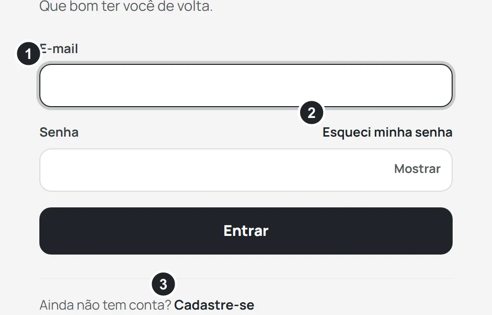 A tela Entrar, com os campos E-mail e Senha, o link Esqueci minha senha e o link Cadastre-se no rodapé