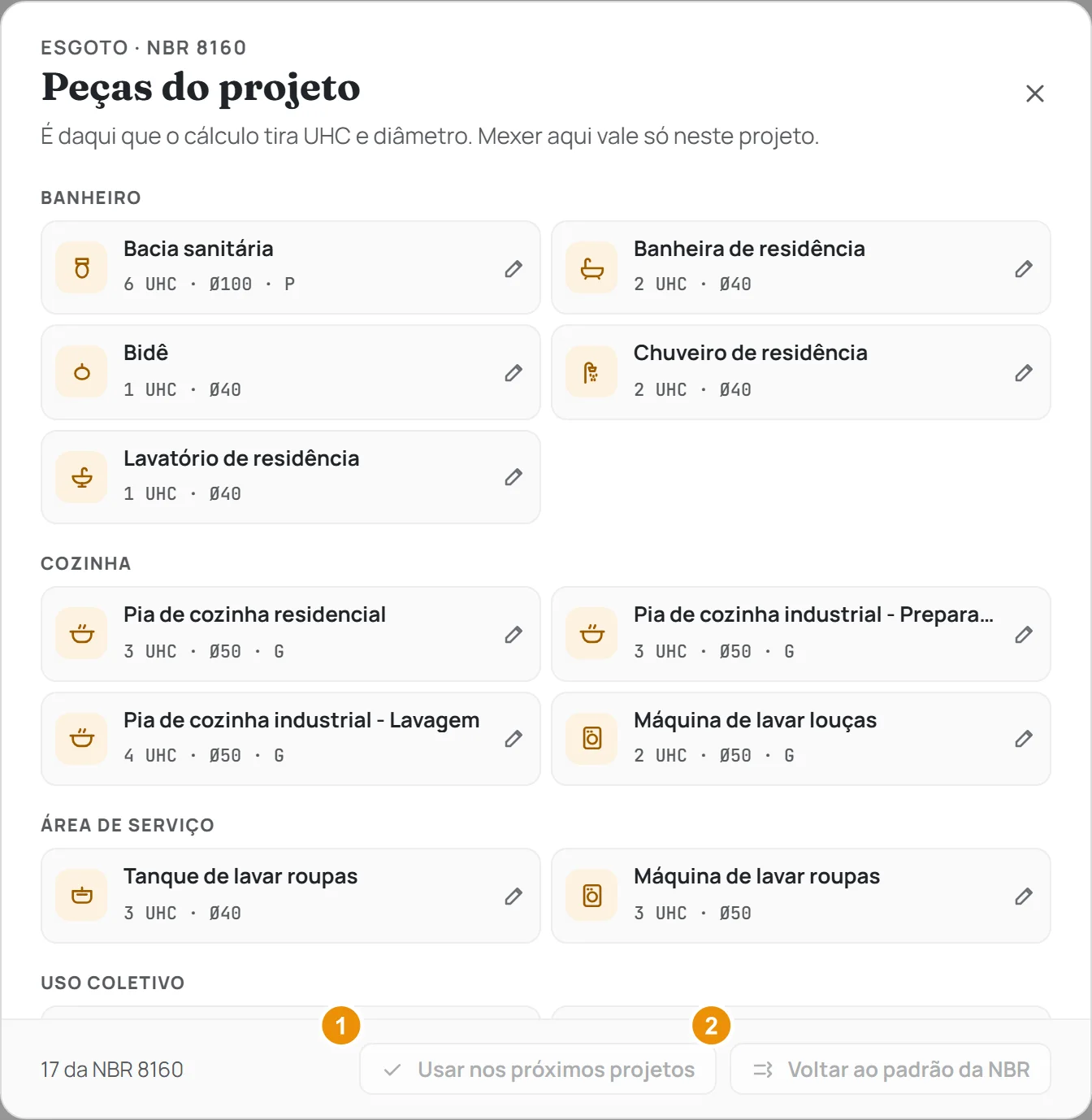 A janela Peças do projeto no AquaFlow, com as 17 peças da NBR 8160 e as peças próprias