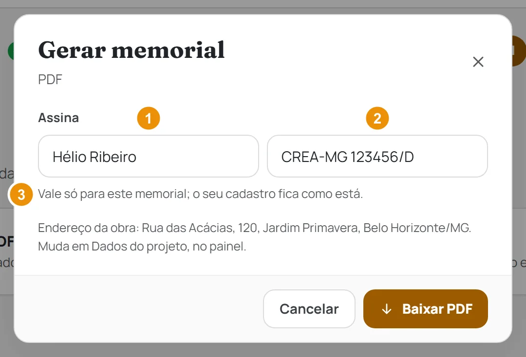 A janela Gerar memorial depois de Trocar: os campos Responsável técnico e CREA / CAU abertos, com a frase Vale só para este memorial embaixo