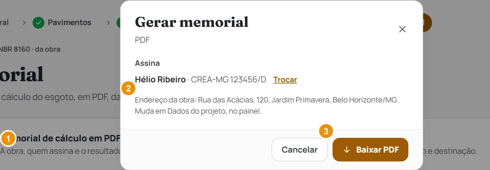 A janela Gerar memorial, com quem assina, o endereço da obra e o botão Baixar PDF