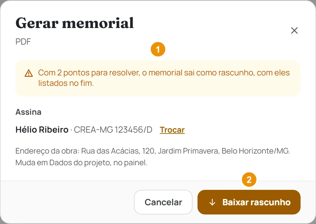 A janela Gerar memorial com impedimento: o aviso amarelo de que o memorial sai como rascunho e o botão Baixar rascunho