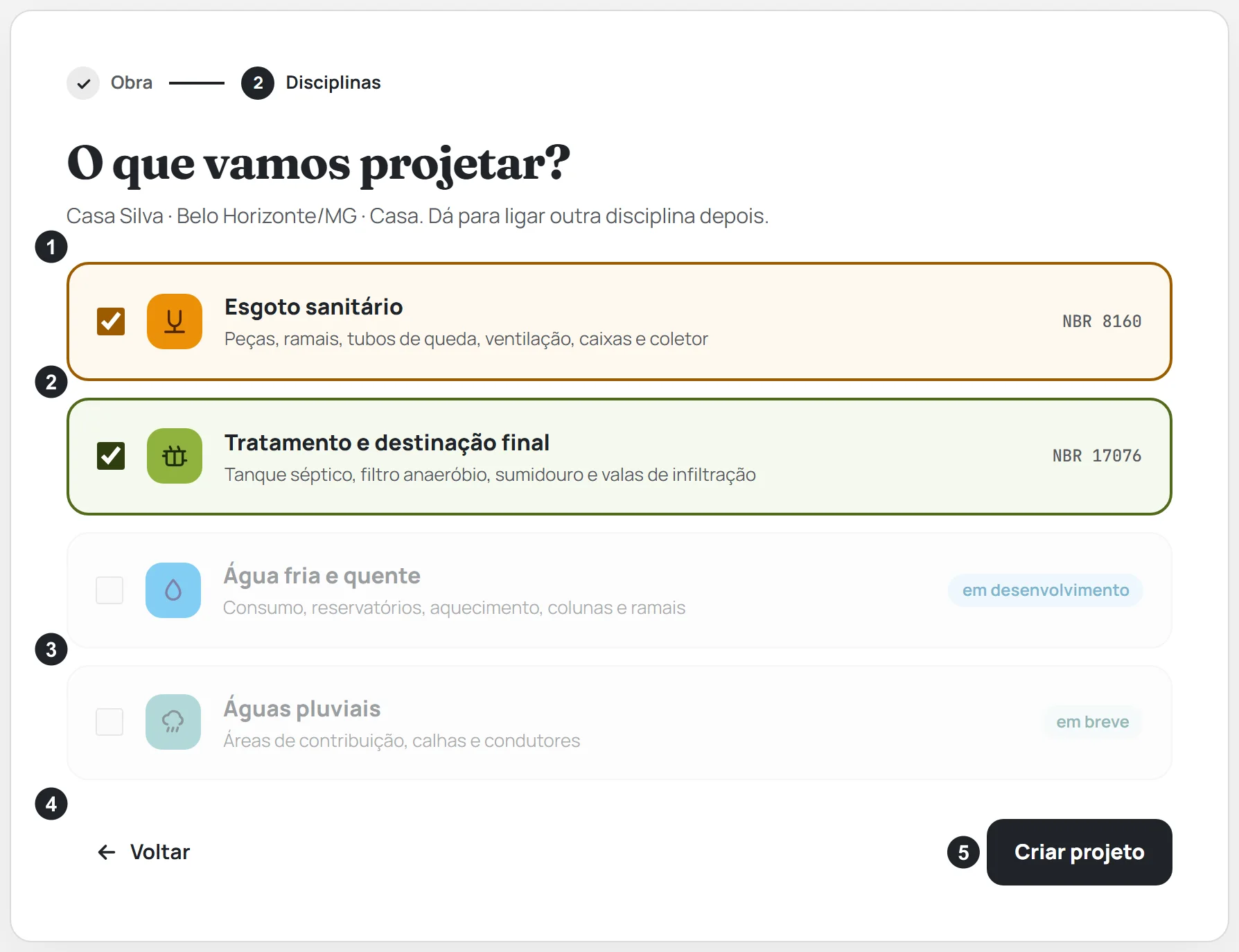 O passo Disciplinas do Novo projeto: Esgoto sanitário e Tratamento marcados, Água e Águas pluviais apagadas (em breve), e os botões Voltar e Criar projeto