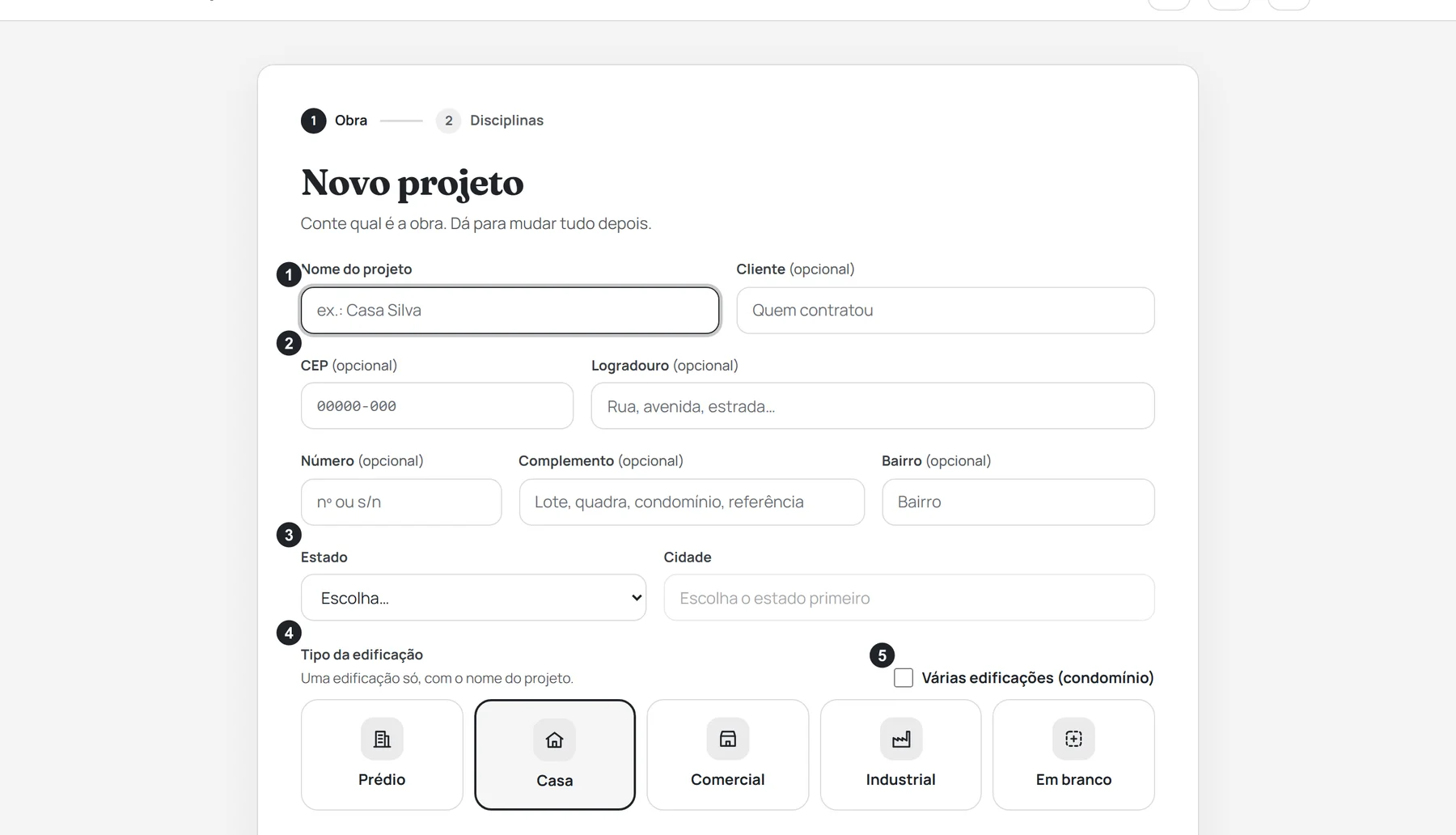 A tela Novo projeto, no passo Obra: nome, cliente, endereço, tipo da edificação e a opção de várias edificações