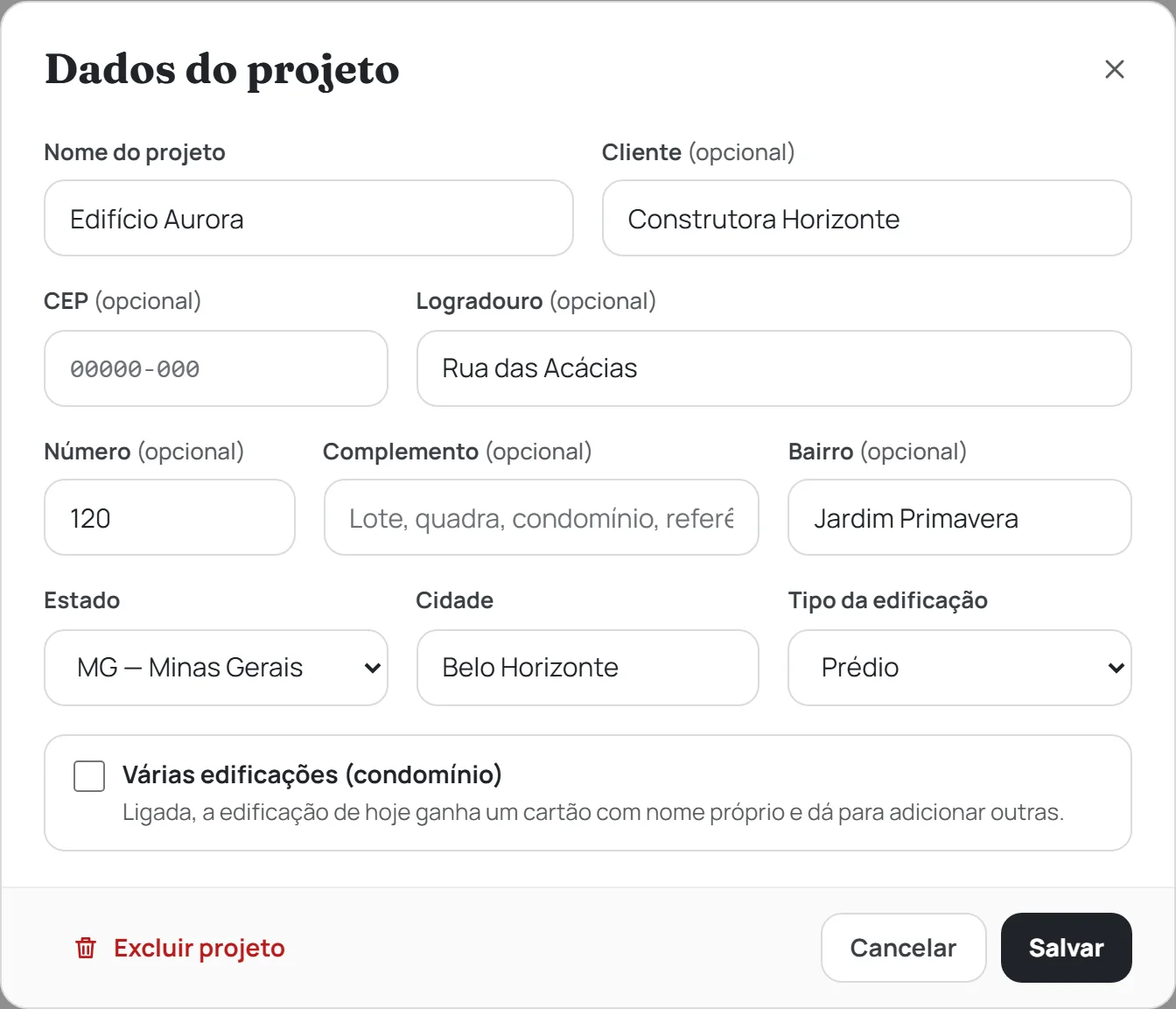 A janela Dados do projeto, com a mesma grade do Novo projeto e o botão Excluir projeto no canto