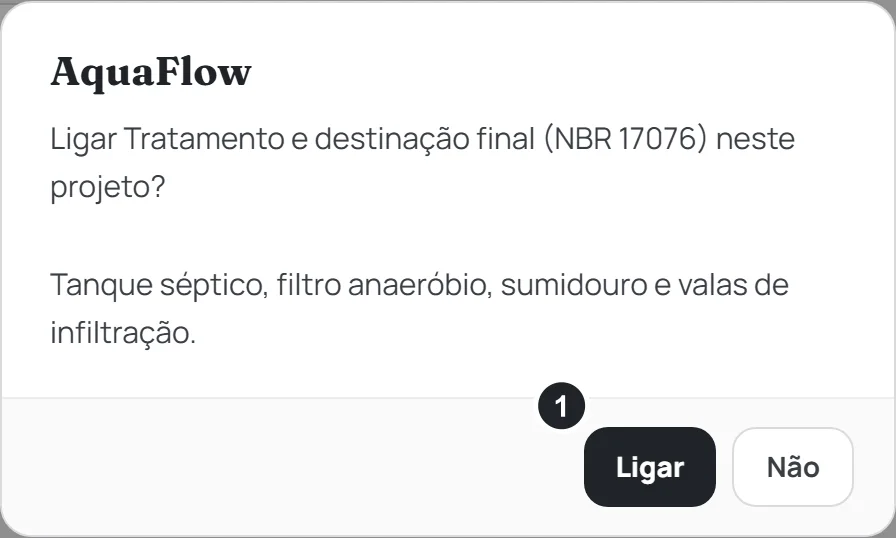 A pergunta Ligar Tratamento e destinação final (NBR 17076) neste projeto?, com os botões Ligar e Não