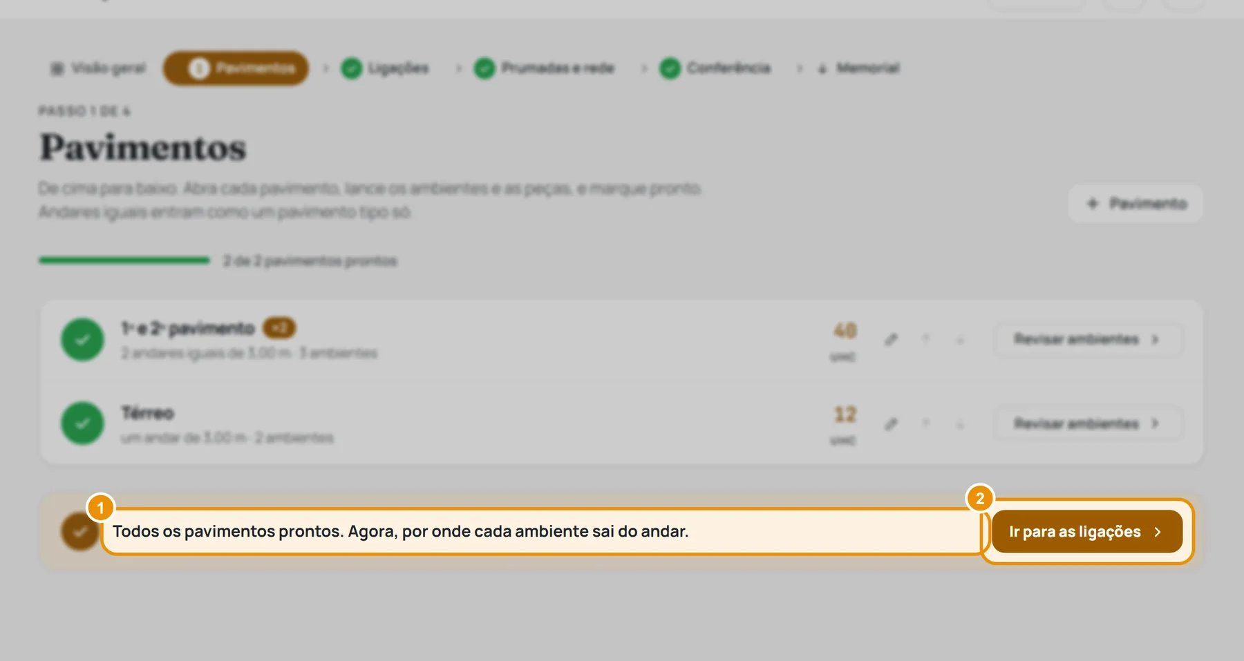 A lista de pavimentos com todos prontos e o botão Ir para as ligações