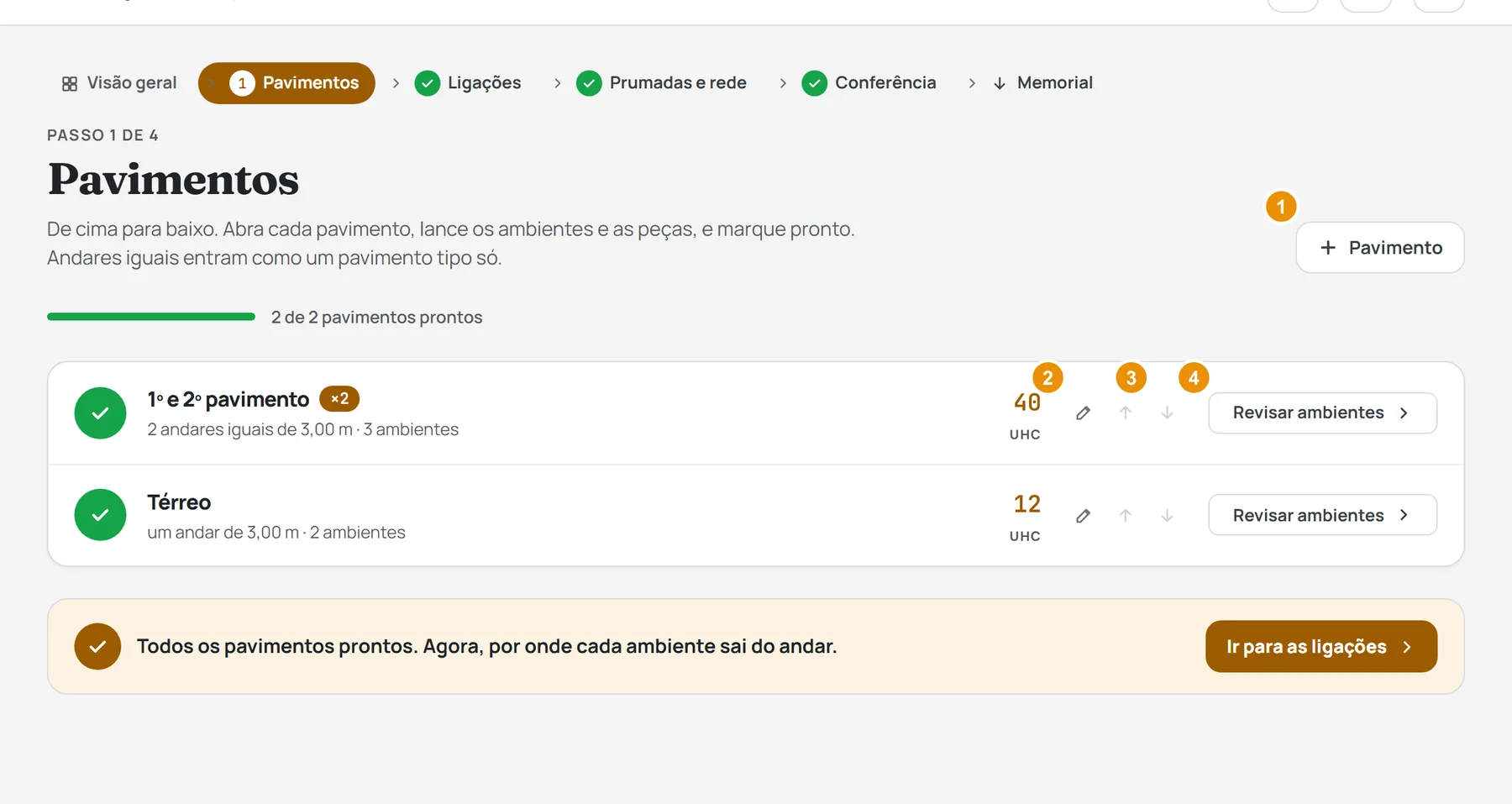 A lista de pavimentos, com o botão + Pavimento no alto