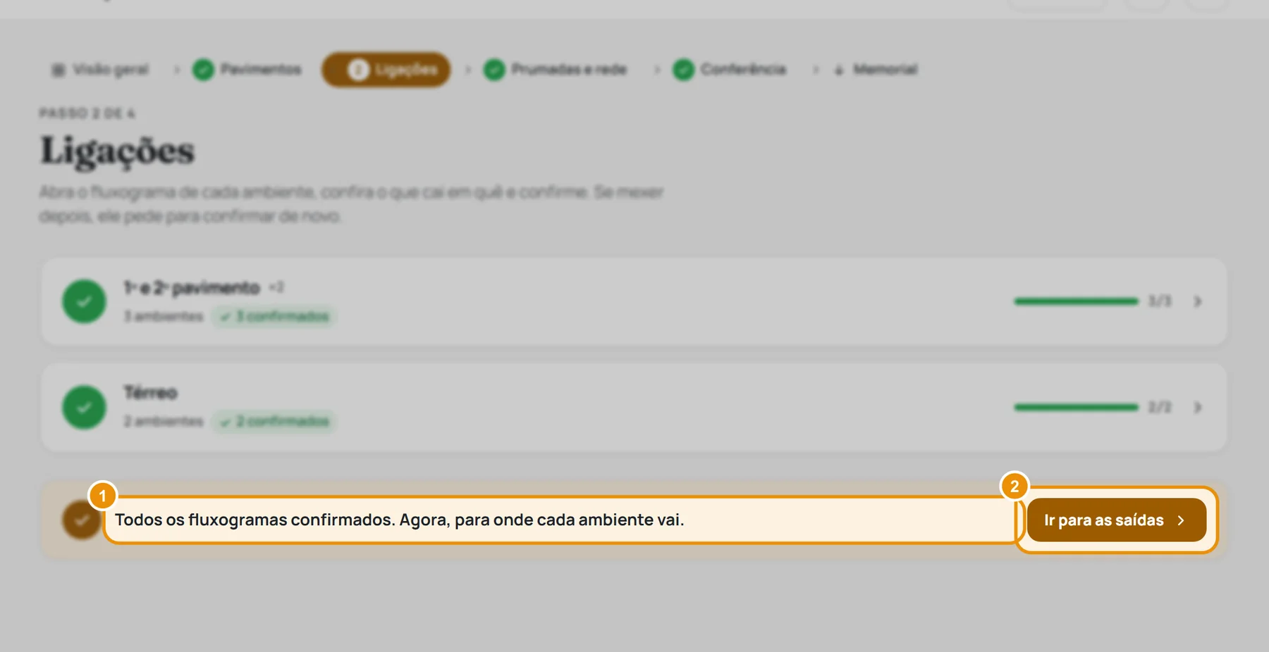 A lista do passo 2 com tudo confirmado e o botão Ir para as saídas