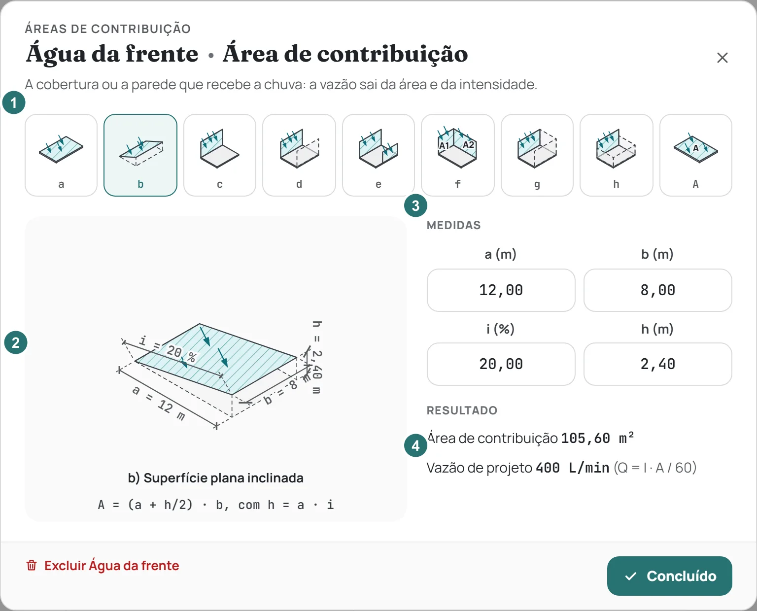 A janela da área: a grade das oito figuras, o desenho cotado, as medidas e o resultado