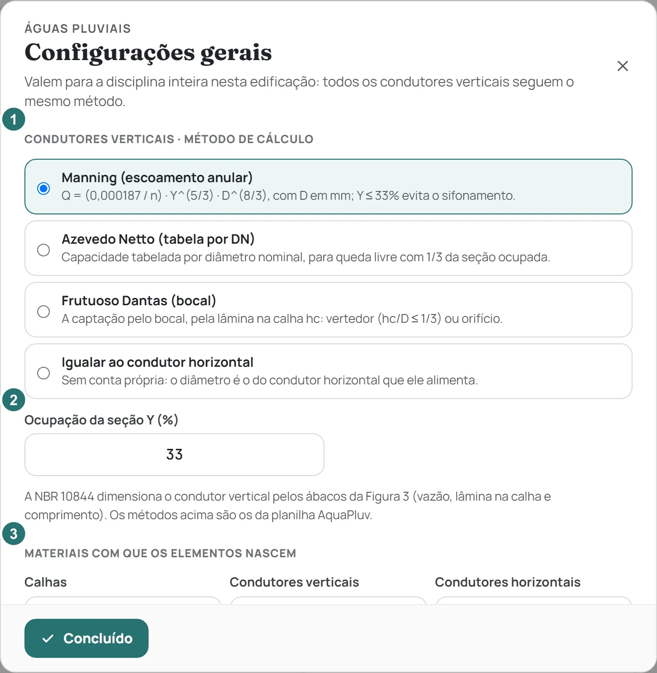 A janela Configurações gerais: o método dos condutores verticais, a ocupação Y e os materiais