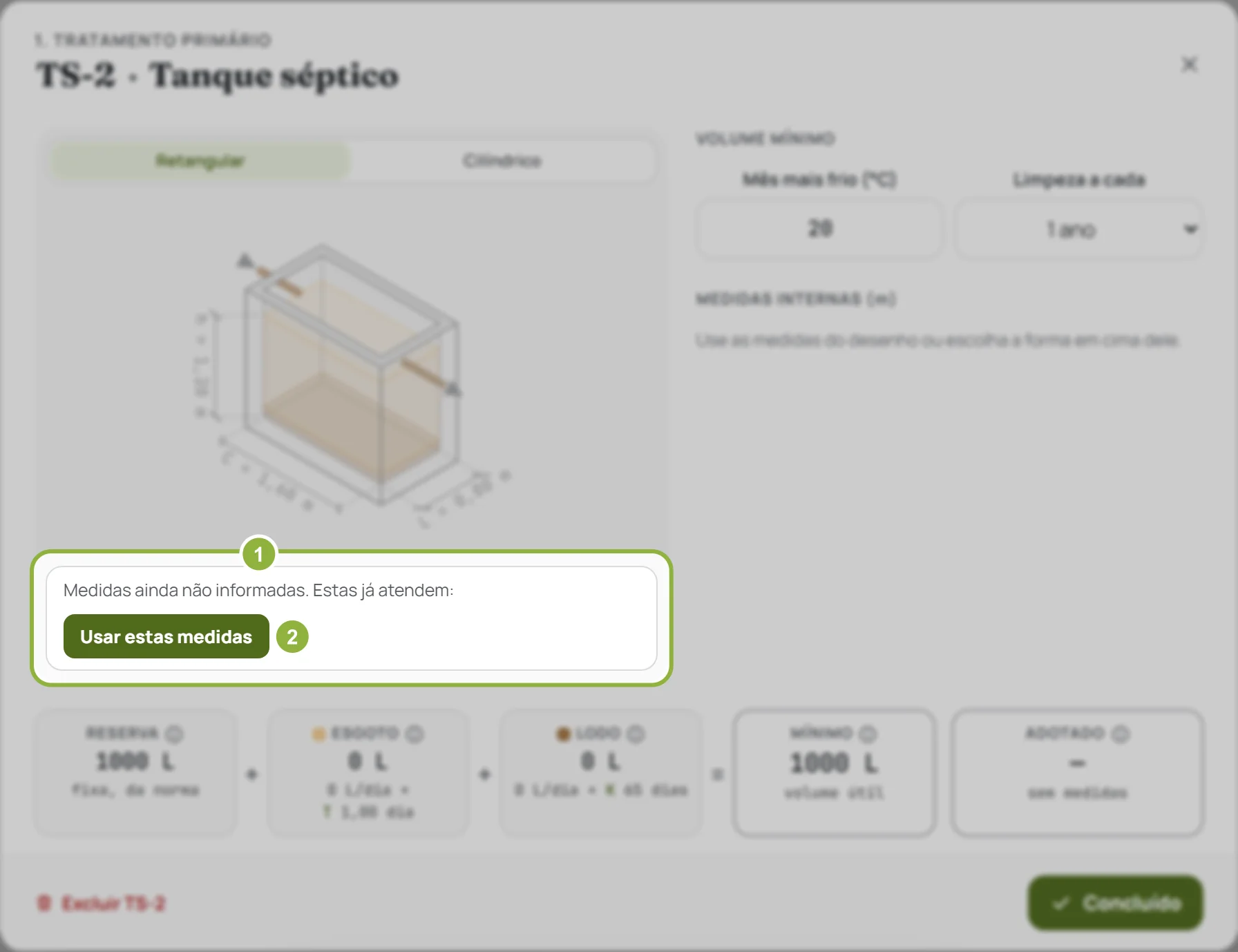 A janela de um tanque sem medidas: o aviso Medidas ainda não informadas e o botão Usar estas medidas