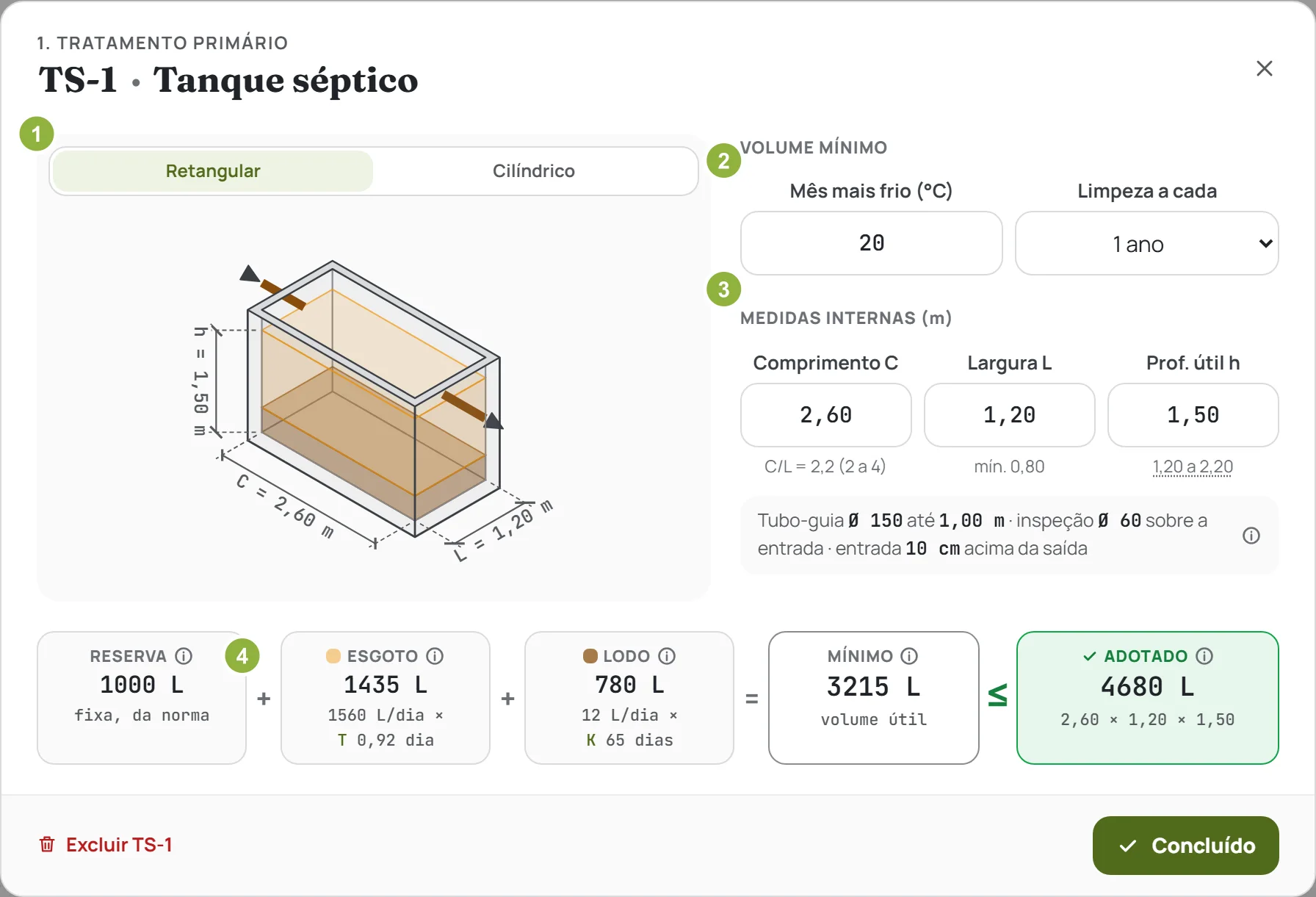 O tanque séptico dimensionado no AquaFlow